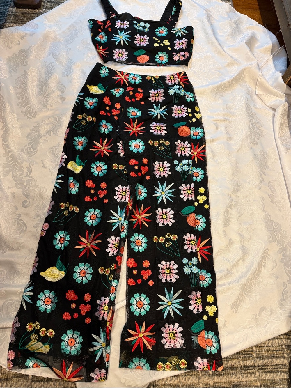 STAUD Floral Embroidered Crop Top & Wide-Leg Pants Set Black Multicolor